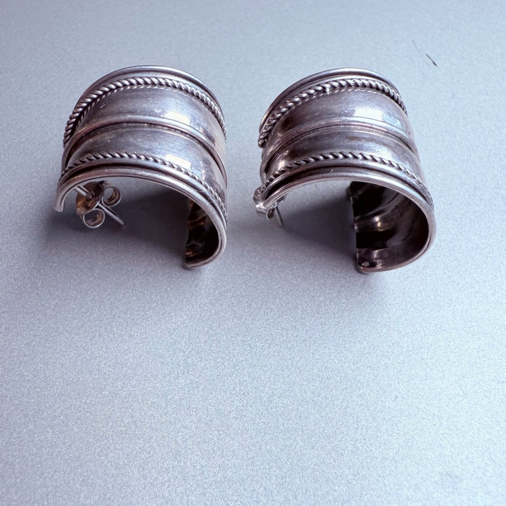 Artisan Large 19.5mm Wide Cuff Rope Half Hoop Sterling Silver 925 Earrings - Picture 3 of 9